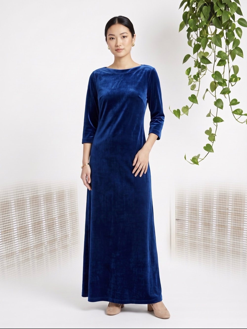 Classic Velvet Boatneck Maxi Dress in Deep Royal Blue